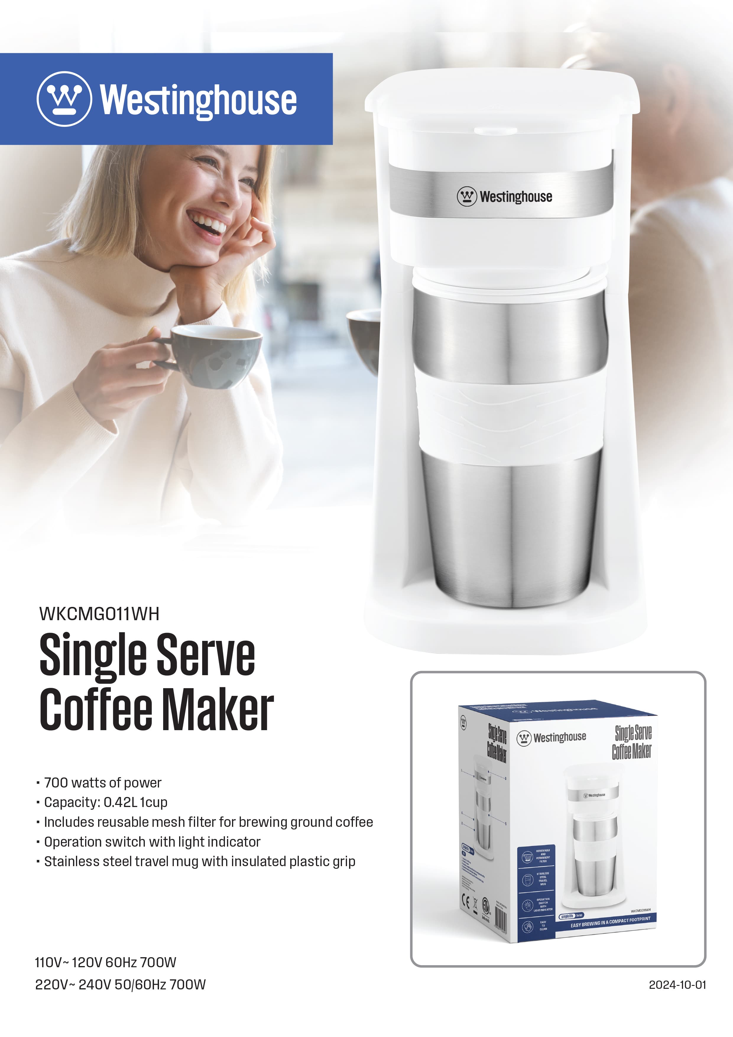 Westinghouse cafetera individual con mug térmico blanca